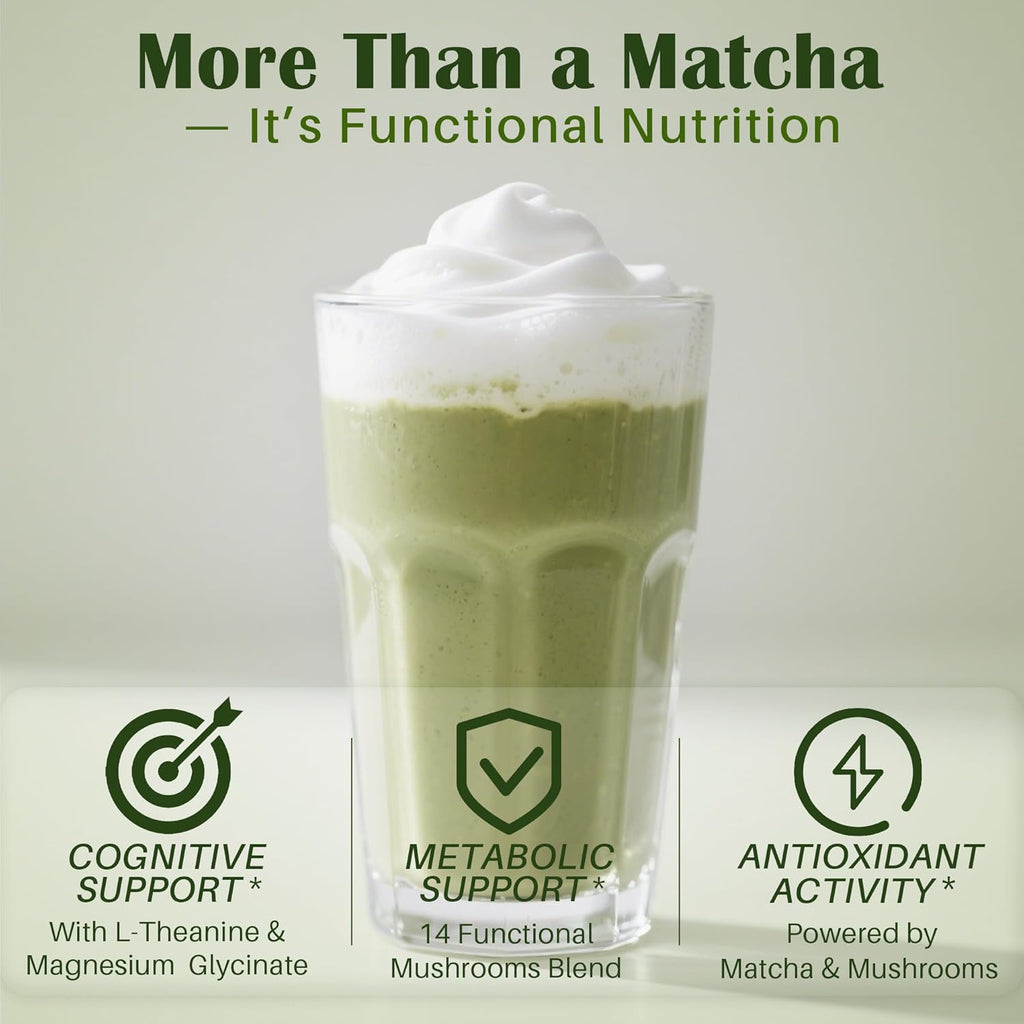 Mushroom Matcha, Green Tea Matcha Powder, 22 Servings,14 Mushroom Supplement, Magnesium Glycinate, L-Theanine, Probiotics | Focus & Immunity Support | Vegan, Gluten-Free, 6.35 Oz