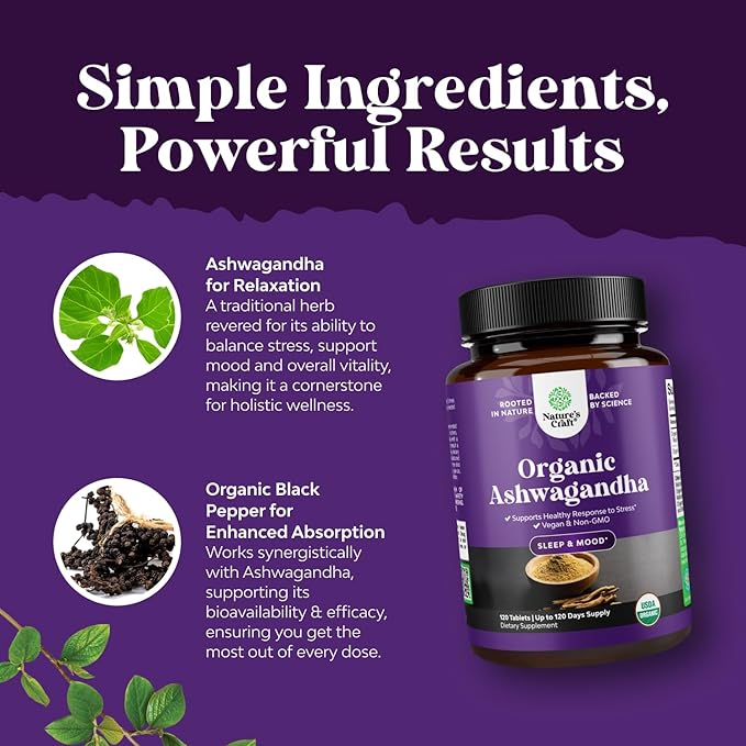 High Strength Organic Ashwagandha Supplements - Ashwagandha Organic Tablets for Mood Support & Hormone Balance for Women & Men - Root Extract Powder with Black Pepper for Better Absorption - 120 Ct