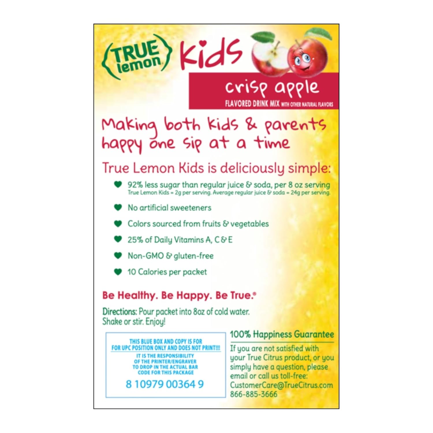 TRUE LEMON KIDS Crisp Apple (10 Packets) - Hydration, No Preservatives, No Artificial Flavors, No Sweeteners - Low Sugar Water Flavoring - Juice Powdered Drink Mix for Kids