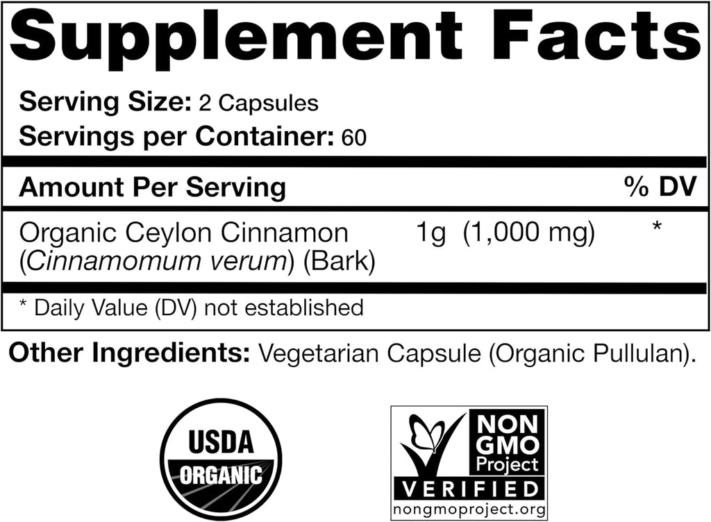 USDA Certified Organic Ceylon Cinnamon Capsules, Non-GMO Verified Supplement - 120 Capsules, 2 Month Supply