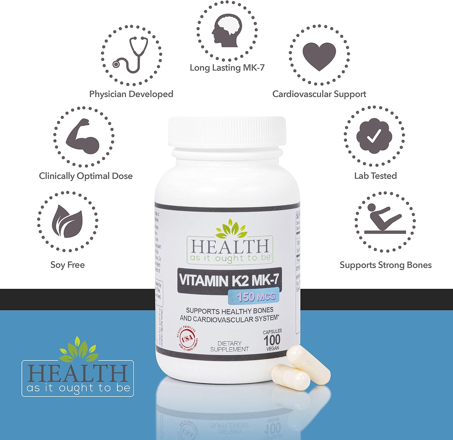 Health As It Ought To Be Vitamin K2 MK7 150mcg Supplement | Works with Vitamin D | Soy Free | Tested for Purity and Strength | 100 Capsules
