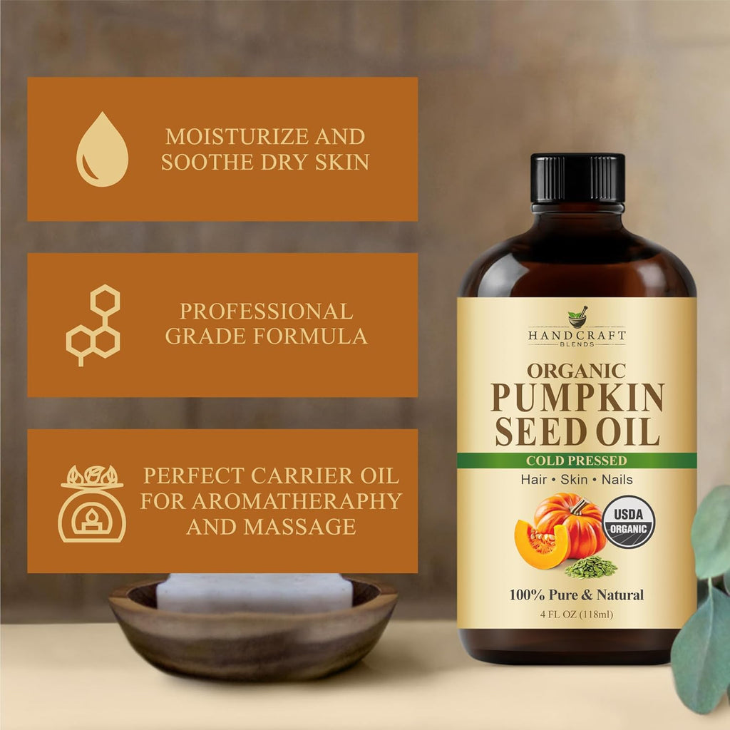 Handcraft Blends Cold-Pressed Organic Pumpkin Seed Oil in Glass Bottle - 4 Fl Oz - 100% Pure and Natural - Premium Grade Carrier Oil for Hair, Skin, Nails, and Body - Massage - Aromatherapy