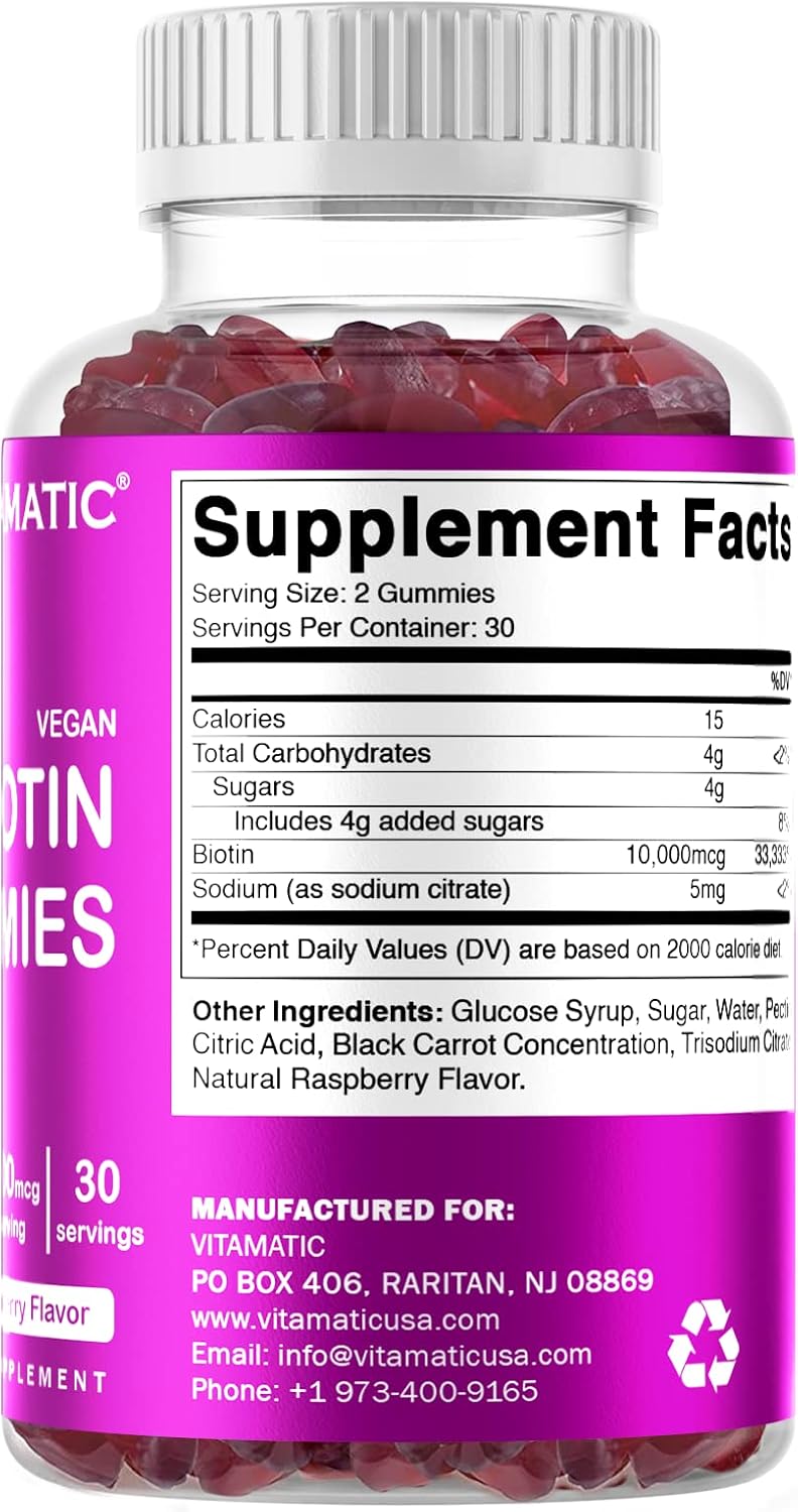 Vitamatic Biotin Gummies 10,000 mcg for Stronger Hair, Skin & Nails - 60 Vegan Gummies - Also Called Vitamin B7 (6 Bottles)