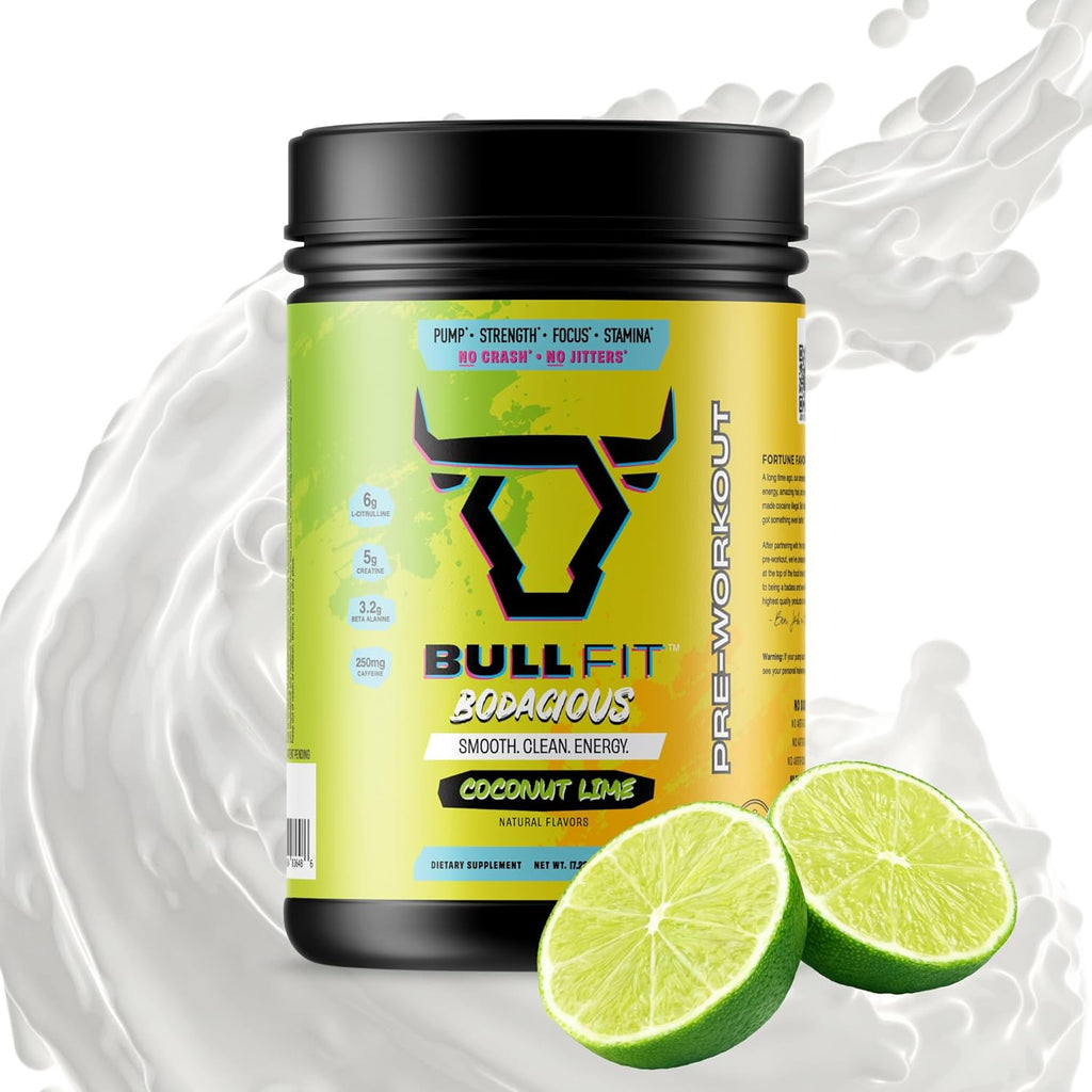 BULLFIT Pre Workout Powder, Support for Men & Women, L Citrulline, Creatine, Beta Alanine & Electrolytes, Powdered Drink Mix with No Sucralose & Zero Sugar, 20 Srvgs (20 SRV, Coconut Lime)