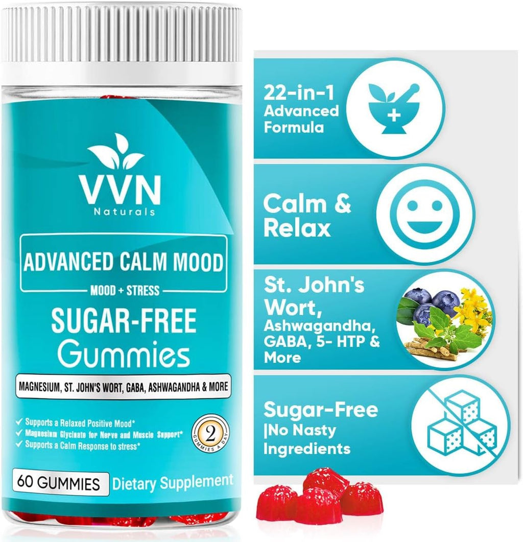 Sugar Free 22 in 1 Calm Mood Gummies St. John's Wort, 5-HTP, GABA, Ashwagandha| Magnesium Glycinate Gummies | Non-GMO, Natural Support Stress & Relaxation, Mood & Energy | Vegan, 60 ct.