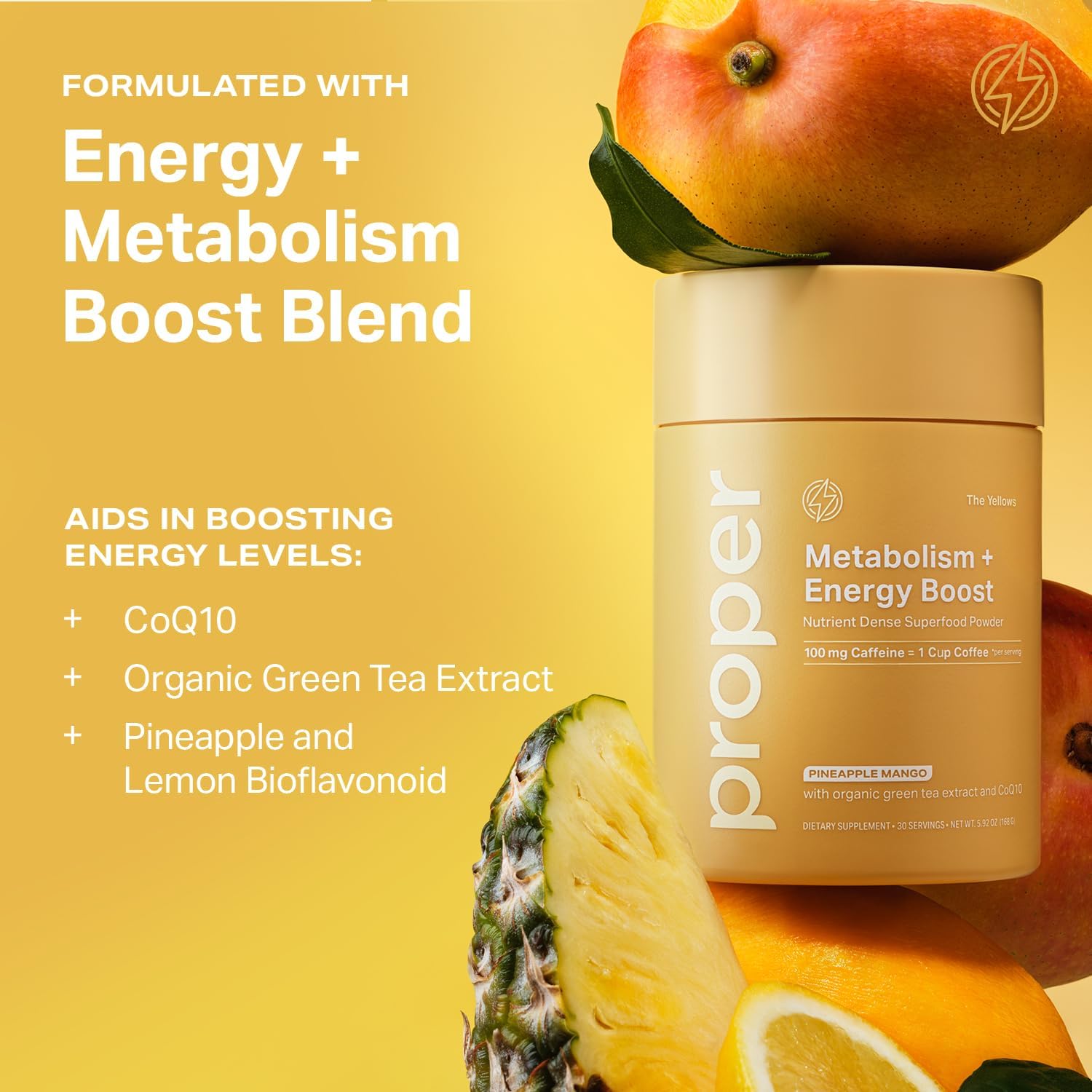 Proper, The Yellows Metabolism and Energy Boost, Sugar Free Energy Drink Powder with 100mg Caffeine. No Creatine or Beta-Alanine. 30 Servings, Pineapple Mango Drink Mix for Men and Women