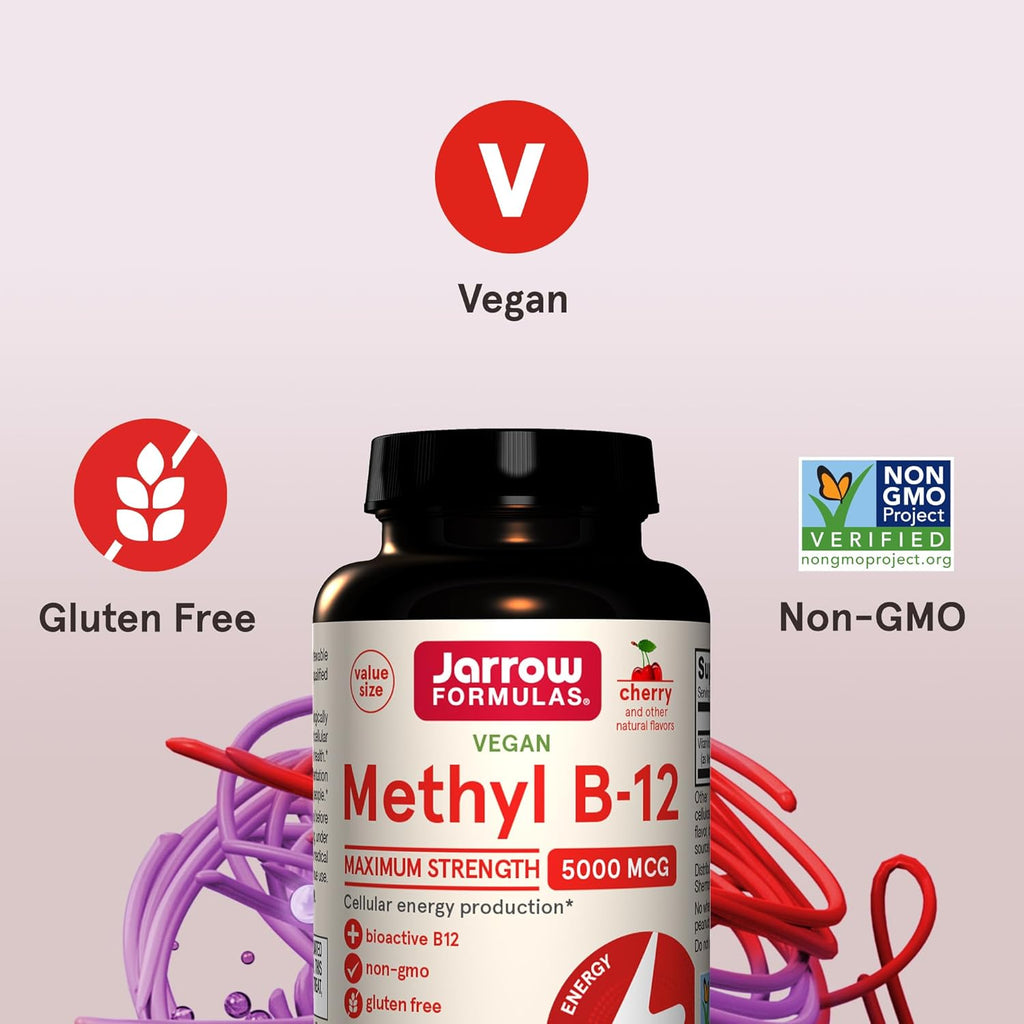 Jarrow Formulas Vitamin B12 5000 mcg - Maximum Strength for Cellular Energy and Brain Health, 90 Cherry Chewable Tablets, B12 Vitamins 5000 mcg