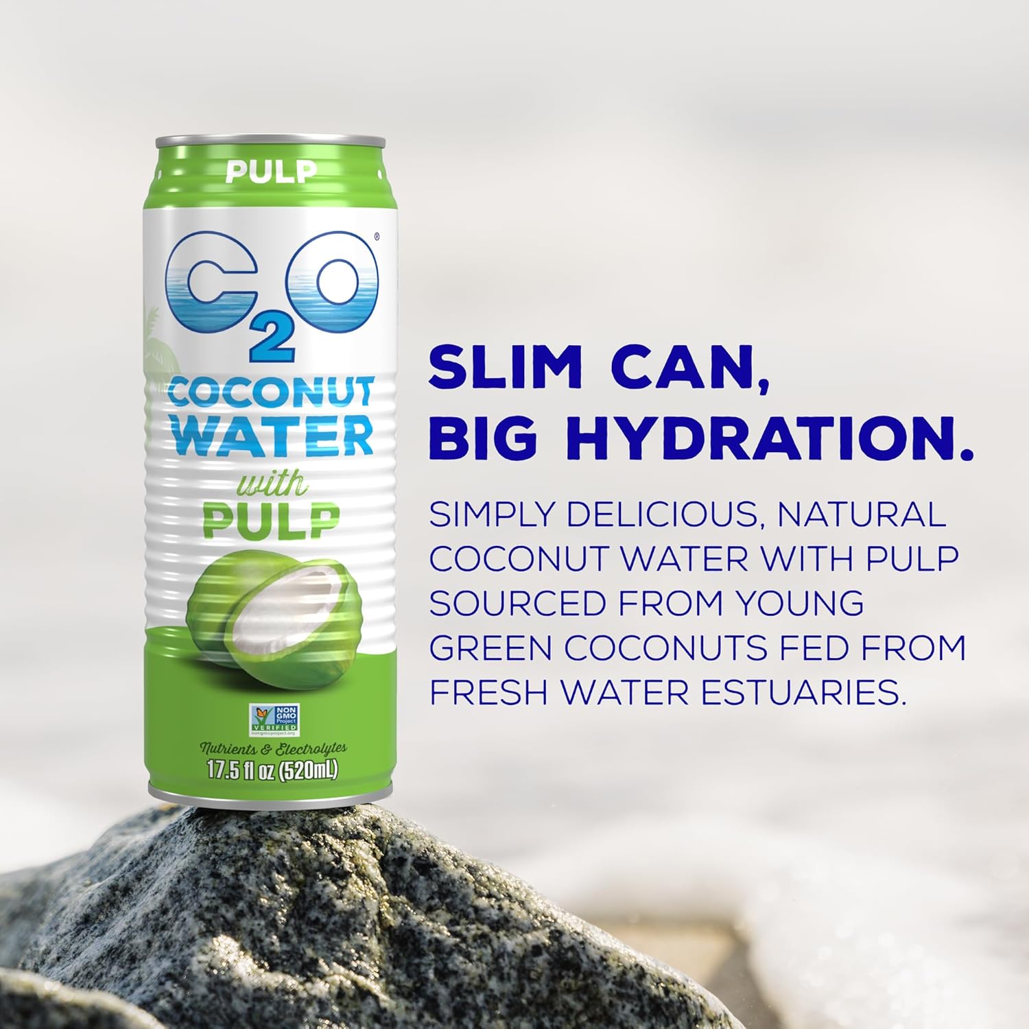 C2O - Coconut Water with Pulp (12 Pack) - Made with Fresh Coconut Water - Plant Based - Non GMO - Canned Water - Natural Hydration, Essential Electrolytes, & Potassium - 12 Cans, 17.5 FL OZ