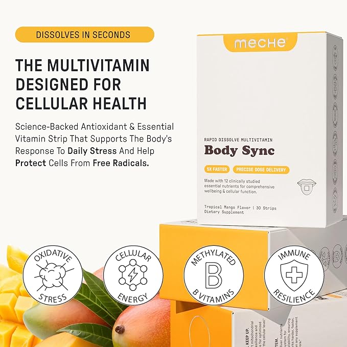 Meche Multivitamin for Women and Men Strip Supplements - Vitamins A, C, D, B6, Methylated B12, Folate, Biotin - Beauty, Energy, Immune Support - Sugar Free, Faster Than Vitamin Gummies (30 Strips)