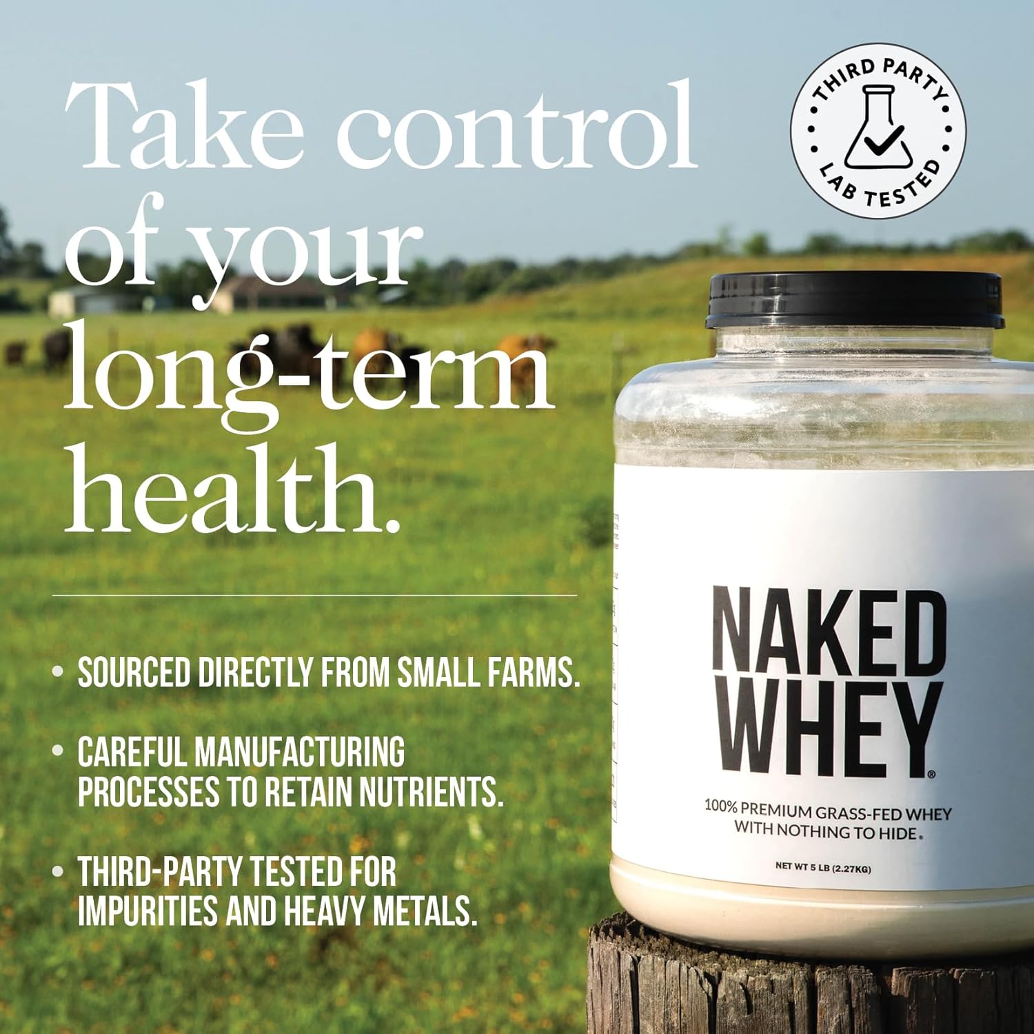 NAKED Vanilla Whey Protein Powder - All Natural Grass Fed Whey Protein Powder, Vanilla Flavor, Organic Coconut Sugar, 5Lb Bulk, GMO-Free, Soy Free, Gluten Free - 61 Servings