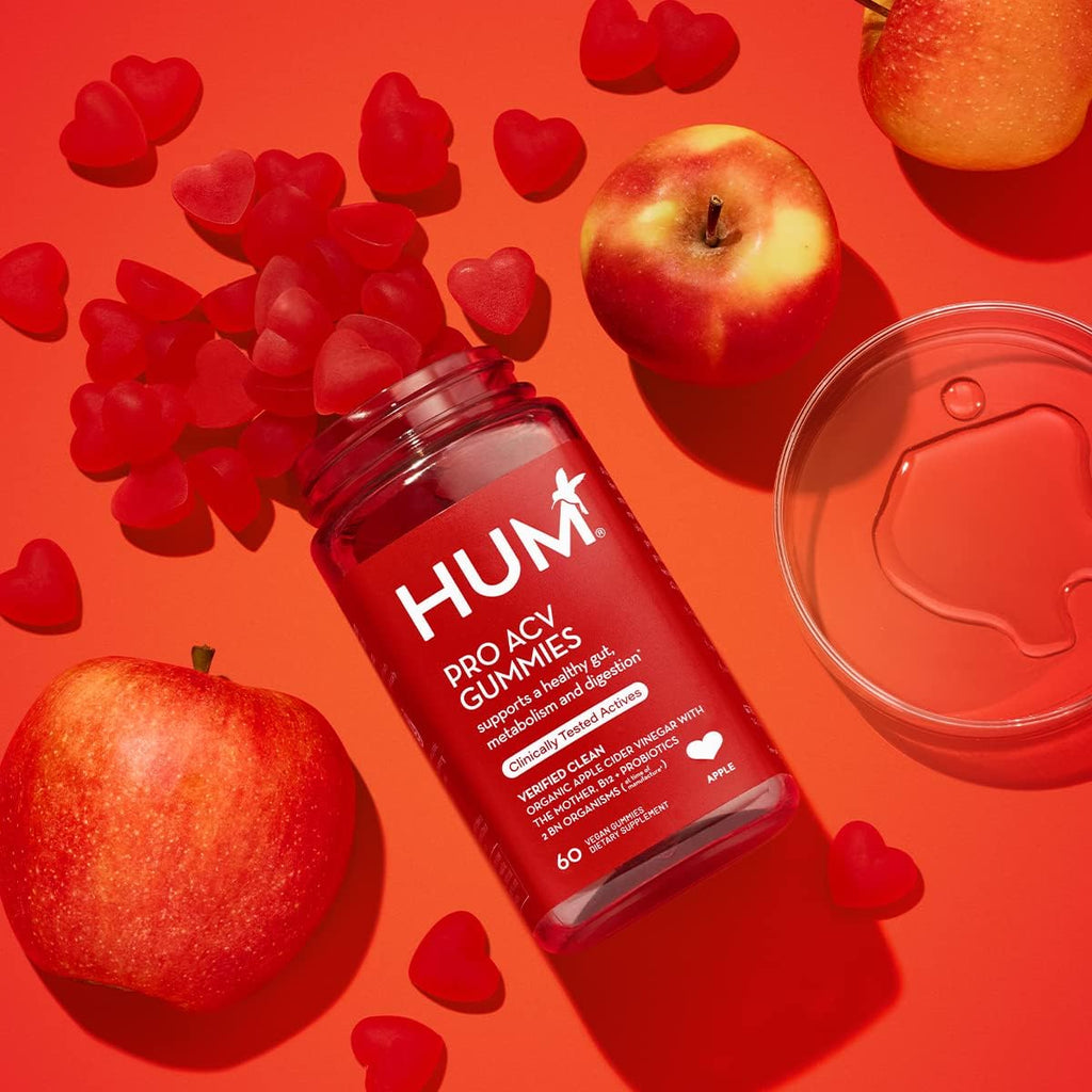 HUM Pro Apple Cider Vinegar Gummies with Probiotics for Digestive Health & Gut Health,100% Organic Apple Cider Vinegar with Mother Gummy Vitamins, Vitamin B12 for Energy Support, 60 ACV Gummies