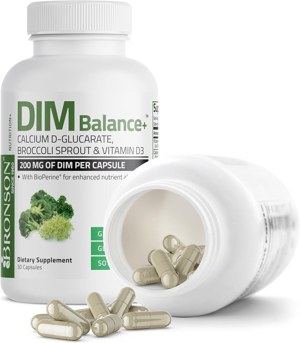 Bronson DIM Balance+ Calcium D-Glucarate, Broccoli Sprouts and Vitamin D3 200 MG of DIM per Capsule Supports Estrogen Metabolism and Balanced Hormone Levels Non-GMO, 30 Vegetarian Capsules