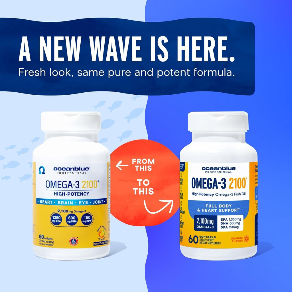 Oceanblue Professional Omega-3 2100-60 Count - High-Potency Triple Strength Burpless Fish Oil Supplement with EPA, DHA & DPA - Orange Flavor, 30 Servings