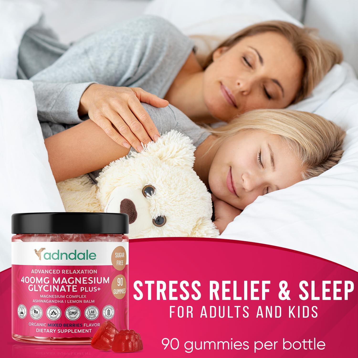 Adndale 180 CT Magnesium Glycinate Gummies 400 mg/Serv, with Ashwagandha, Magnesium Malate & Taurate, Sugar Free Chews for Adults & Kids Relaxation, Stress Relief, Night Rest, Muscle & Cardio Support