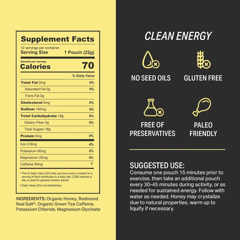 HNY+ Buzz Organic Honey Energy Gel with Electrolytes, Magnesium, Sea Salt, Potassium & Green Tea Caffeine, Gluten Free & Vegan, Workout Gels, for Gym, Running & Hiking, 50mg Caffeine, 12 Pack