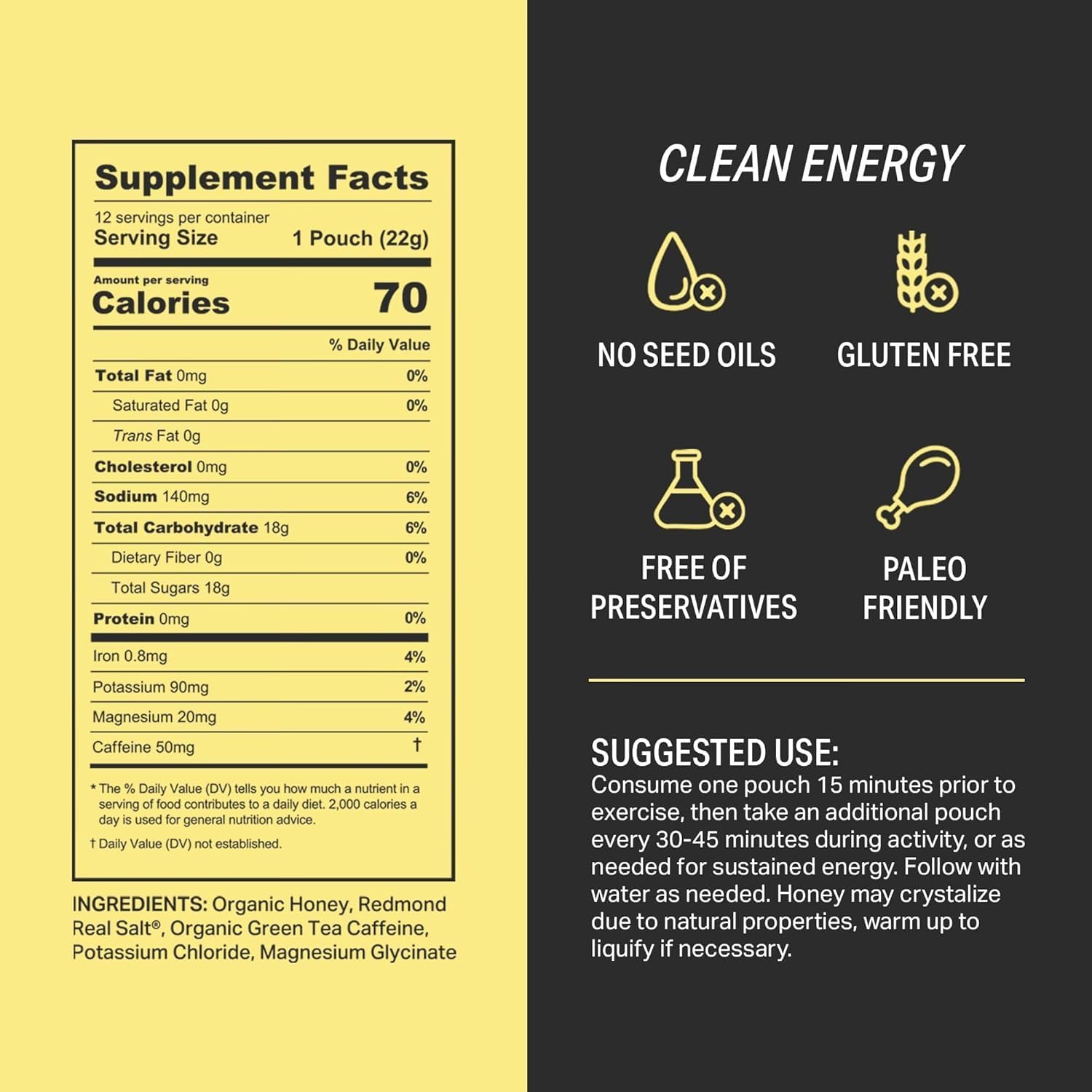 HNY+ Buzz Organic Honey Energy Gel with Electrolytes, Magnesium, Sea Salt, Potassium & Green Tea Caffeine, Gluten Free & Vegan, Workout Gels, for Gym, Running & Hiking, 50mg Caffeine, 12 Pack