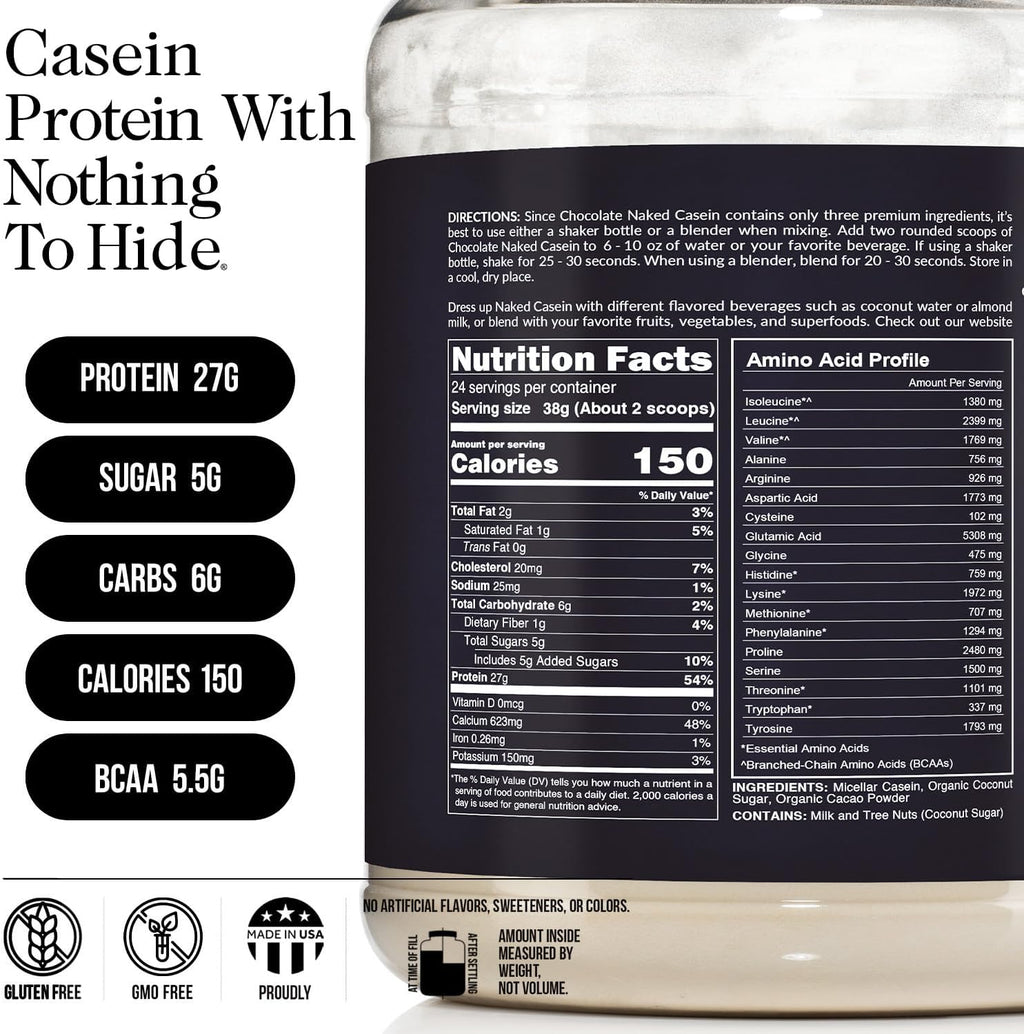 NAKED Casein - 2Lb Micellar Chocolate Casein Protein - Bulk, GMO-Free, Gluten Free, Soy Free, Preservative Free - Stimulate Muscle Growth - Enhance Recovery - 24 Servings