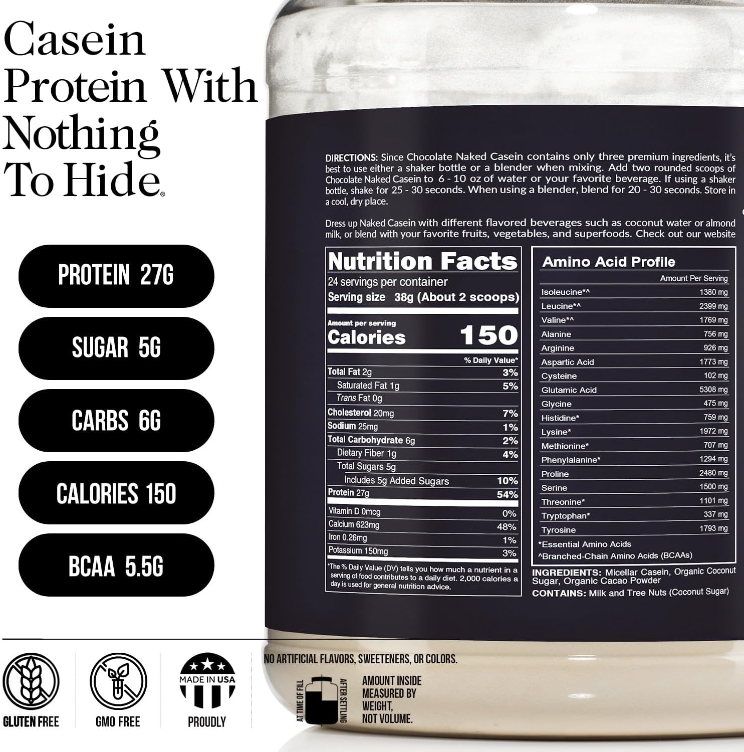NAKED Casein - 2Lb Micellar Chocolate Casein Protein - Bulk, GMO-Free, Gluten Free, Soy Free, Preservative Free - Stimulate Muscle Growth - Enhance Recovery - 24 Servings