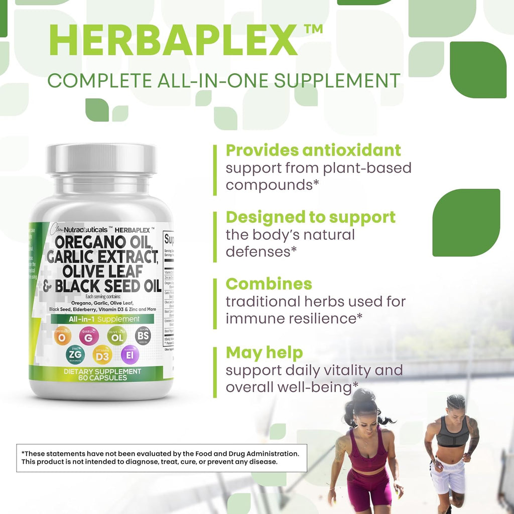 Clean Nutraceuticals Oregano Oil Garlic Extract Olive Leaf Black Seed Oil - Immune Support & Digestive Health Supplement for Women and Men with Vitamin D3 & Zinc - 2Pack