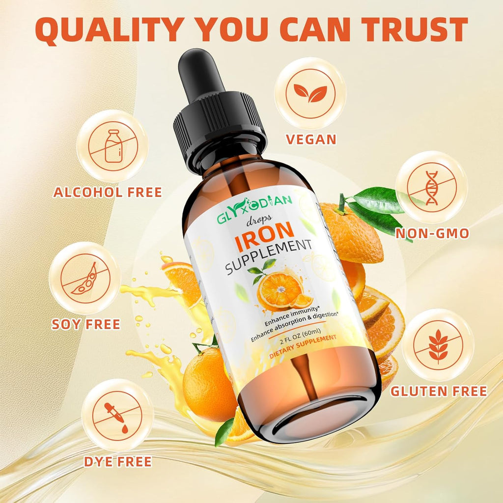 Iron Liquid Drops for Women & Men： Iron Drop 60ml 98% Absorption Liquid Iron Supplement Drops Supports Immunity Energy Red Blood Cell Production Relieves Fatigue Dizziness Natural Orange Flavor