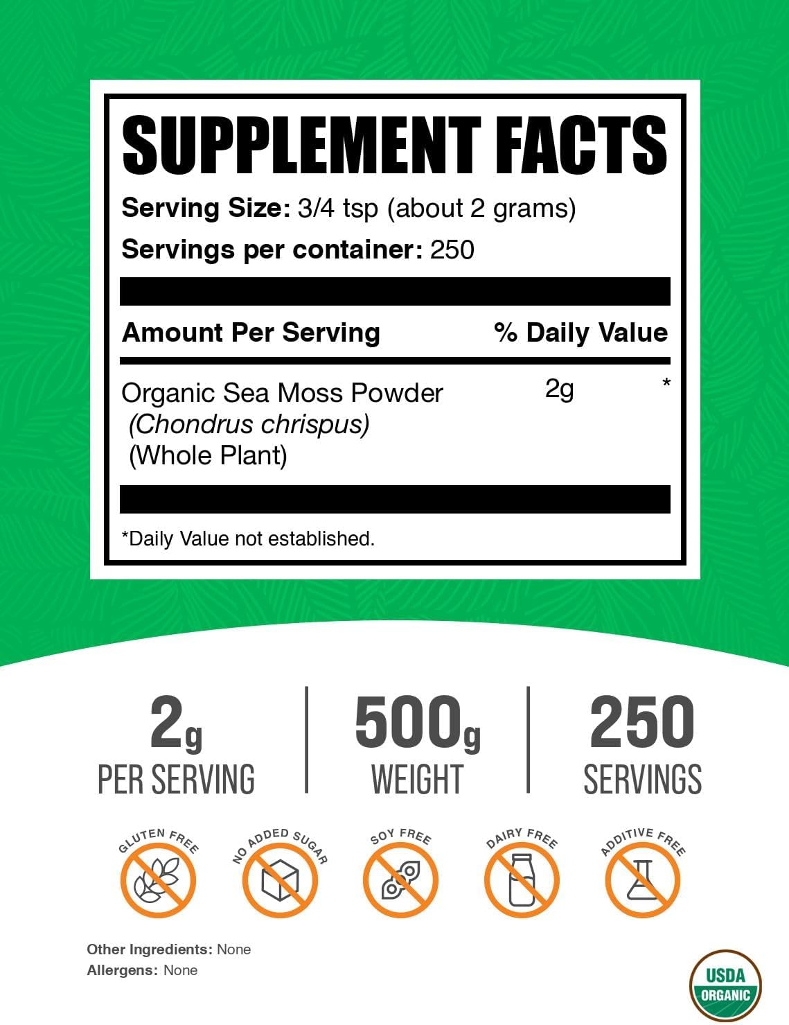 BulkSupplements.com Organic Irish Sea Moss Powder - Sea Moss Supplement, Superfood Supplement - Vegan & Gluten Free, 2g per Serving, 500g (1.1 lbs) (Pack of 1)
