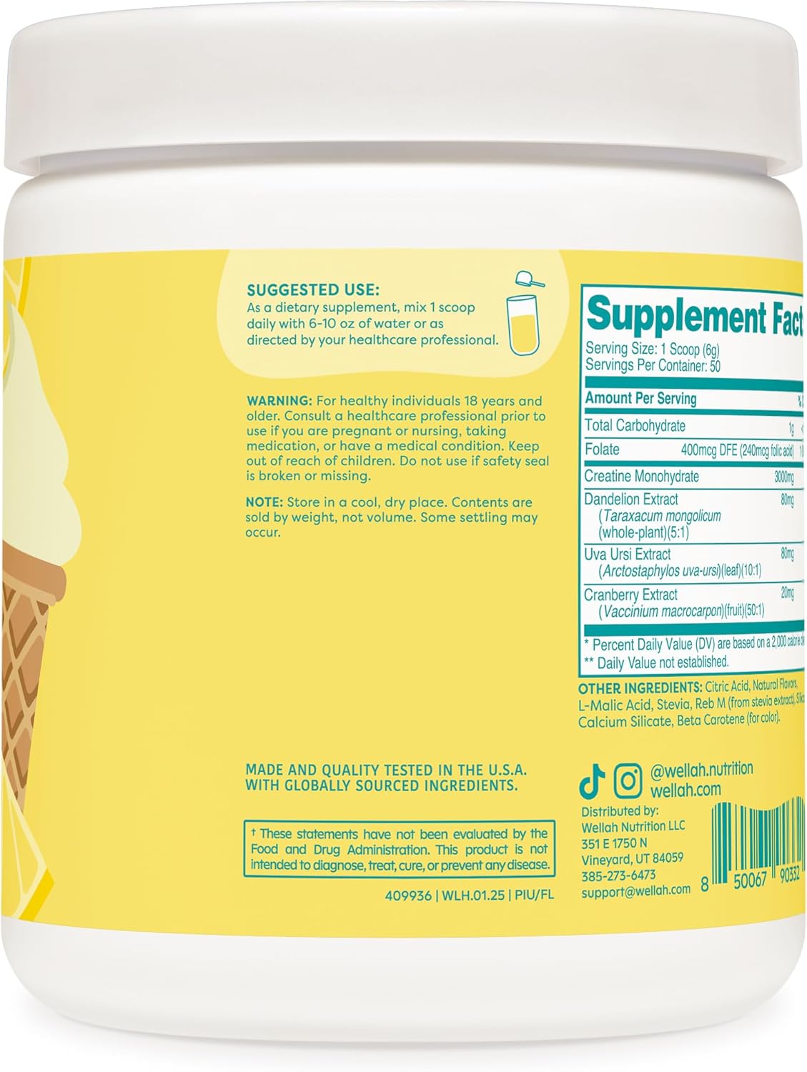 Wellah Creatine for Women - Creatine Monohydrate with Dandelion & Cranberry Extract (50 Servings, Frozen Lemonade)
