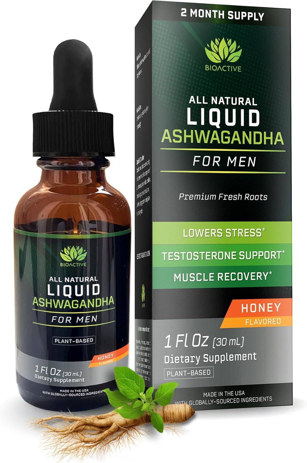 BIOACTIVE Liquid Ashwagandha Drops - Testosterone Health Supplement* - Adaptogen for Stress Support, Men’s Wellness - Organic, Vegetarian, Gluten Free, Non-GMO, 59 Servings (1 Oz, Honey)