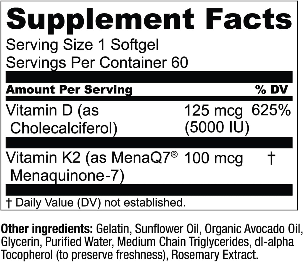 Live Conscious Vitamin K2 MK7 with D3 Supplement | Bone & Heart Health Support - Patented Vitamin K & Vitamin D3 5000 IU - 60 Softgels