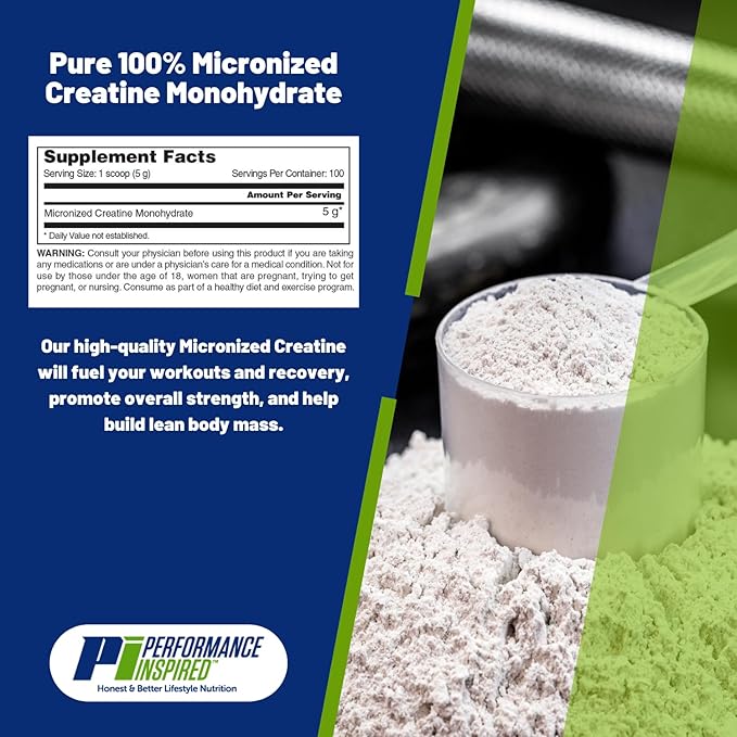 PERFORMANCE INSPIRED Nutrition Micronized Creatine Monohydrate – 100% Pure, Unflavored – 5G Per Serving – 100 Servings – 1.1 LB