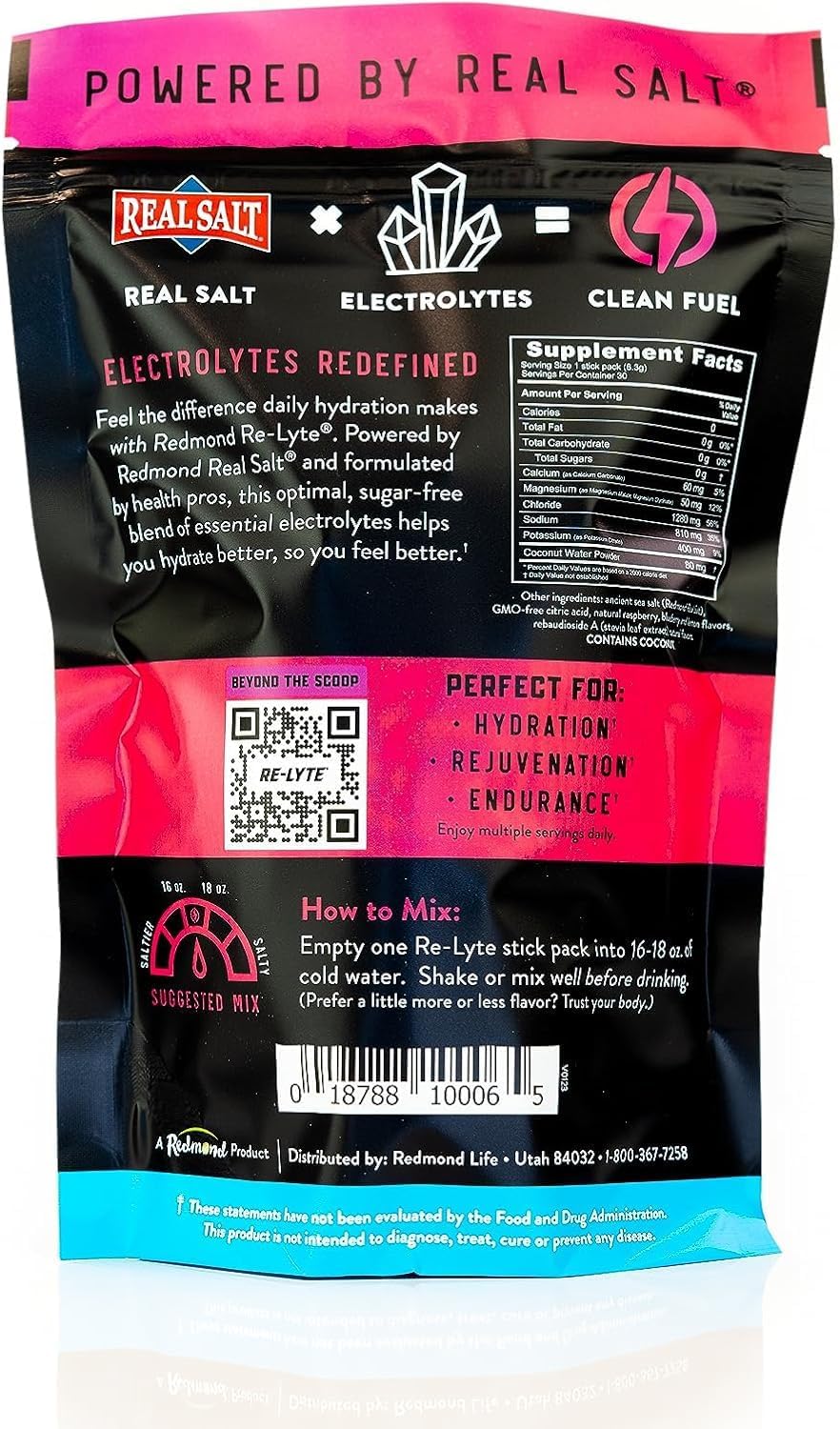 REDMOND Re-Lyte Hydration Electrolyte Powder Mix (Mixed Berry) 30 Stick Pack