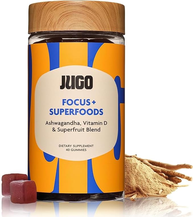 JUGO Focus + SUPERFOODS Ashwagandha Gummies with Vitamin D3 & Superfruit Blend, Vegetarian-Friendly Focus Supplement with Adaptogens, Gelatin-Free and Gluten-Free, Non-GMO, Made in USA, 40 Coun