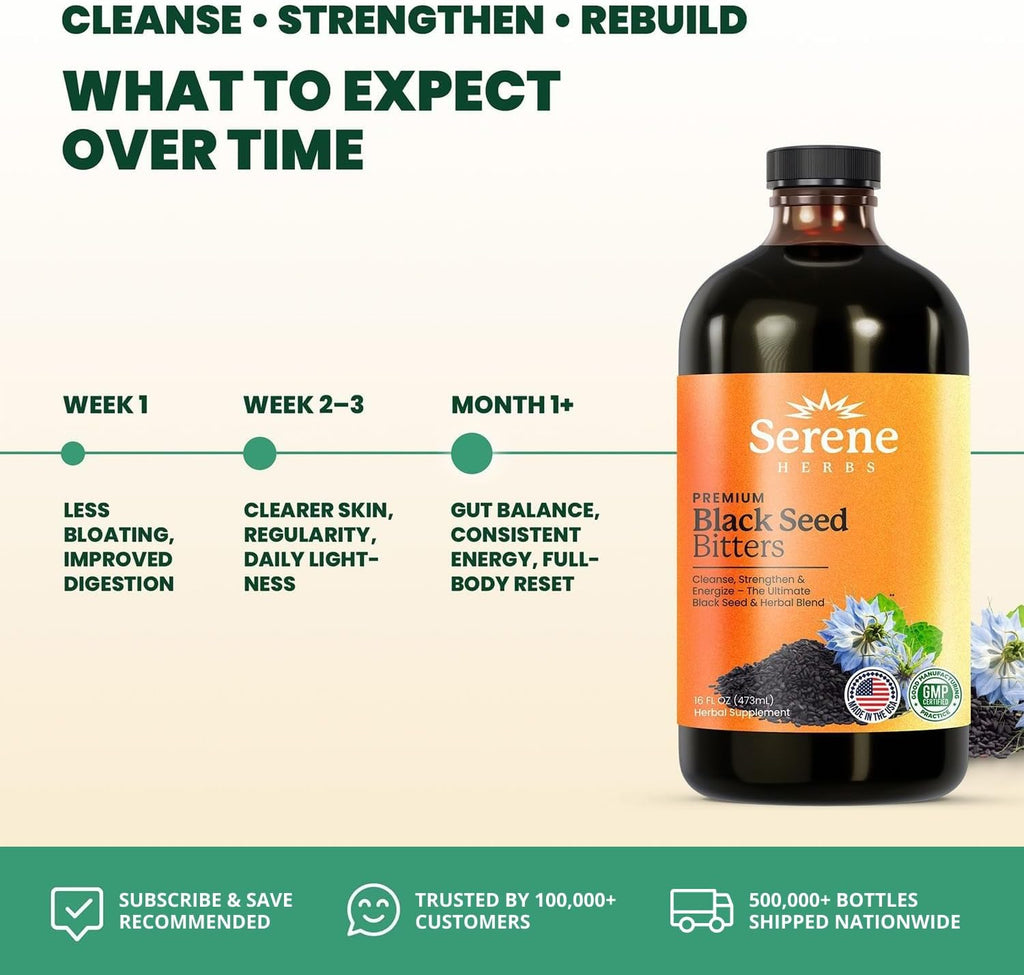 Serene Herbs Organic Black Seed Oil Bitters Liquid - Black Cumin Seed Extract, Nigella Sativa, Pure Blackseed Supplement with Thymoquinone for Immune Support & Digestion - Vegan - 16 oz