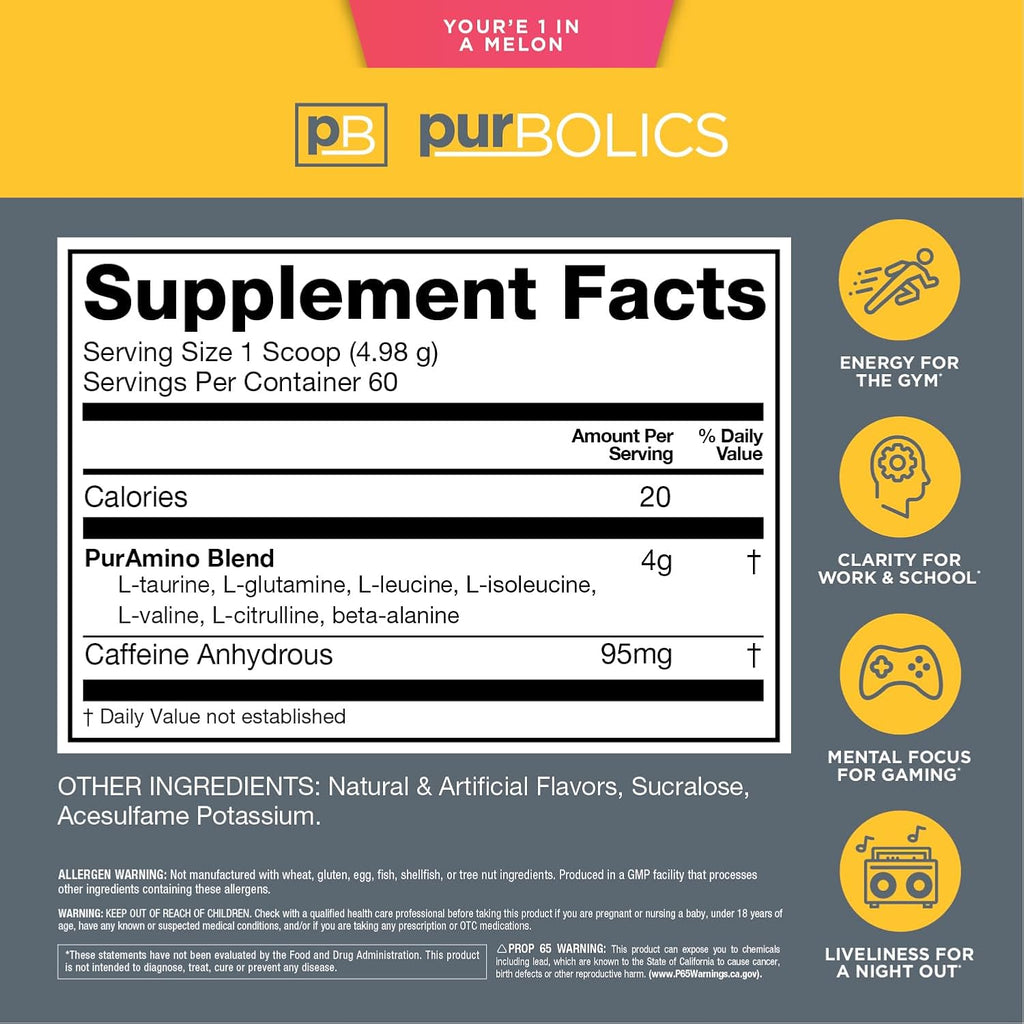 Purbolics Aminos + Energy | Supports Recovery, Energy & Focus | 95mg of Caffeine, 0 Sugar & 60 Servings (You're 1 in A Melon)