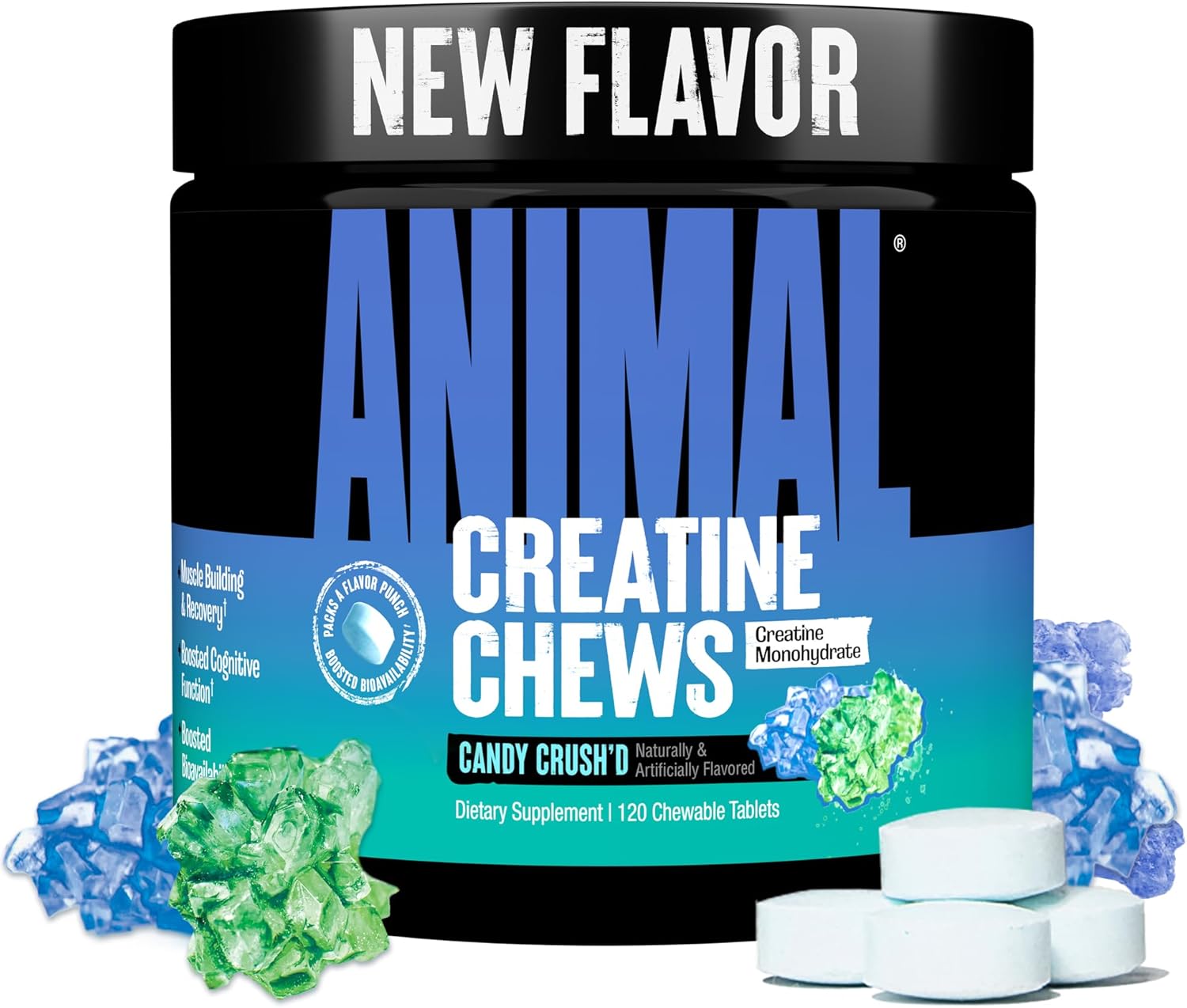Animal Creatine Chews – Enhanced Creatine Monohydrate Chewable Tablets with AstraGin & Sea Salt, Max Absorption Pre Post-Workout, Lean Muscle Growth, Strength & Recovery, New Flavor Candy Crush’d