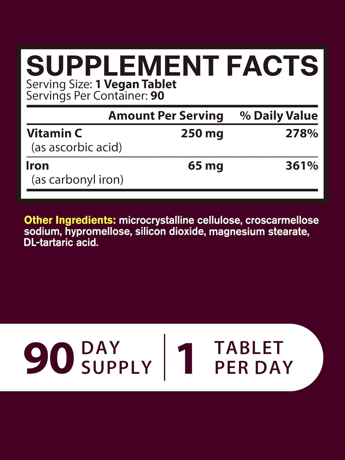 Iron Supplement for Women Men | High Potency Iron 65mg with Vitamin C 250mg | Stomach Friendly Iron Pills for Red Blood Cell & Immune Support | Vegan, Non-GMO & Gluten Free | 90 Tablets