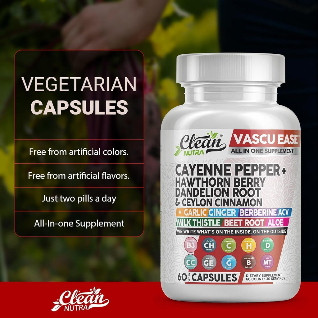 Clean Nutra Cayenne Pepper Capsules Supplement with Hawthorn Berry, Dandelion Root, Ceylon Cinnamon, Garlic, Ginger, Berberine, Apple Cider Vinegar, Milk Thistle, Beet Root, Aloe Vera Pills & More
