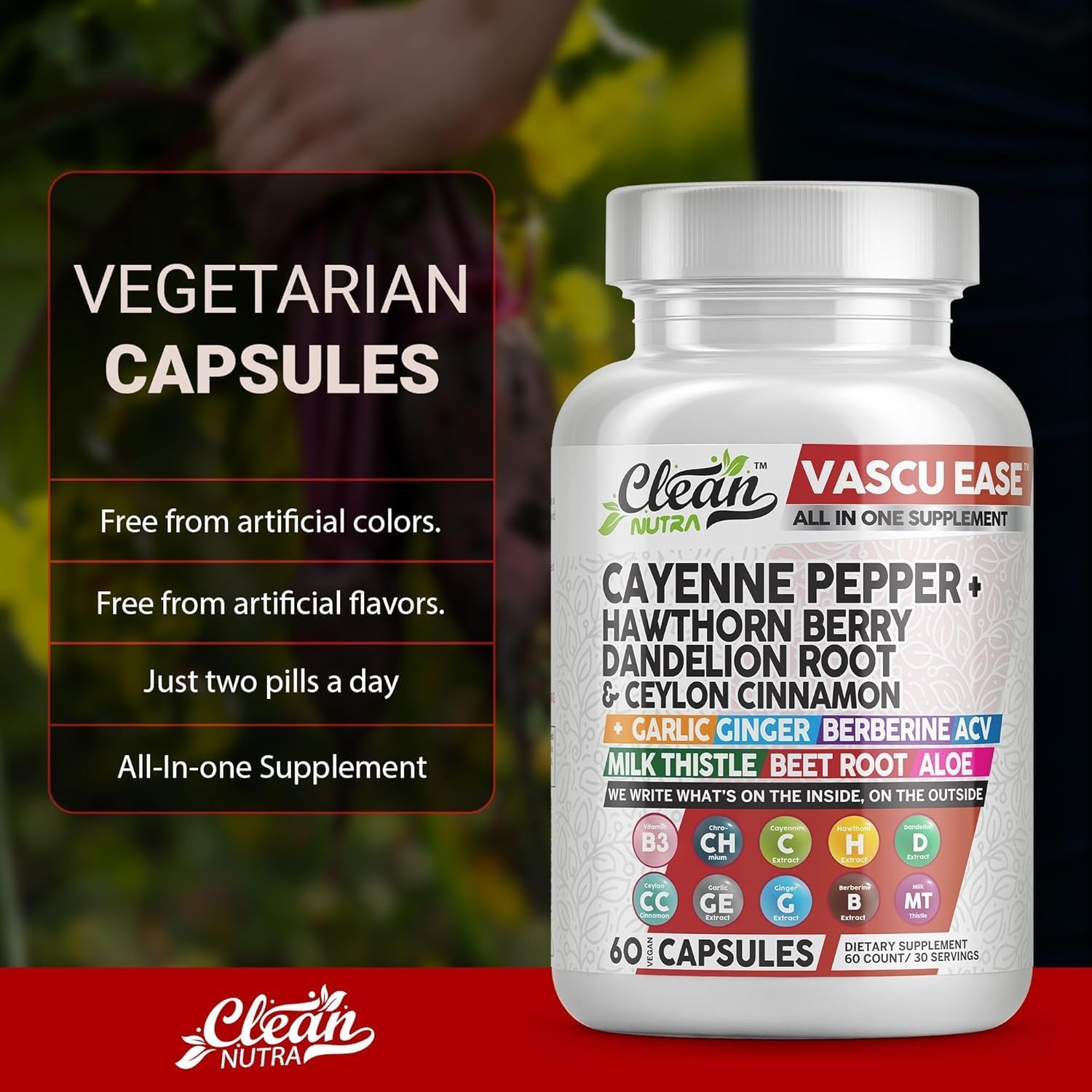 Clean Nutra Cayenne Pepper Capsules Supplement with Hawthorn Berry, Dandelion Root, Ceylon Cinnamon, Garlic, Ginger, Berberine, Apple Cider Vinegar, Milk Thistle, Beet Root, Aloe Vera Pills & More