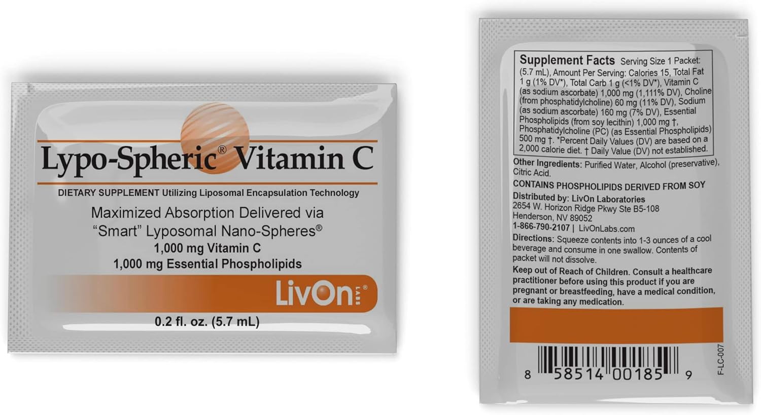 LivOn Laboratories Lypo–Spheric Liposomal Vitamin C 1000mg - No Sugar, Immune Support, Plant Based - Easy to Swallow, Absorbable, Individual Packets - Non–GMO, Gluten Free(0.2floz30 Packets)