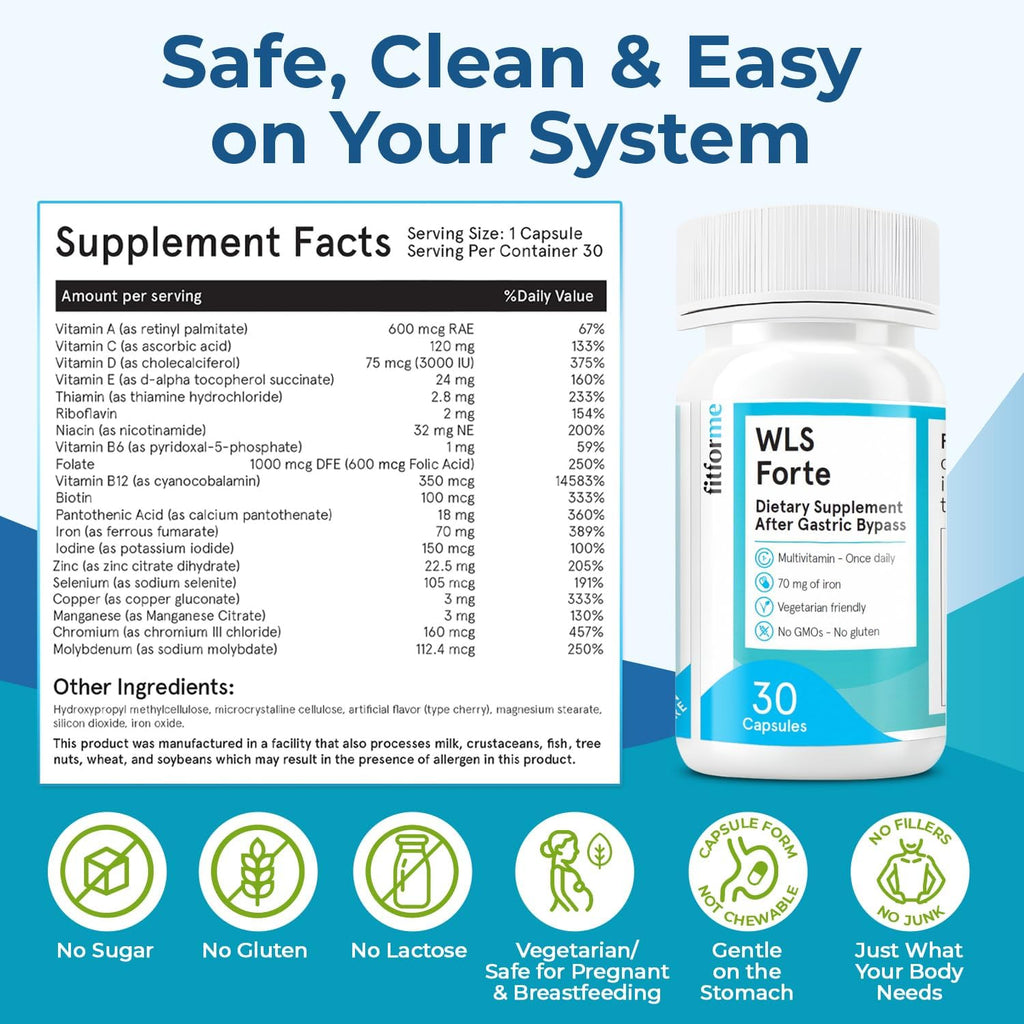 FitForMe Bariatric Multivitamins with Iron After Gastric Bypass - One a Day WLS Forte Capsule - 90 Days Supply of Vitamins & Minerals, Scientifically Proven