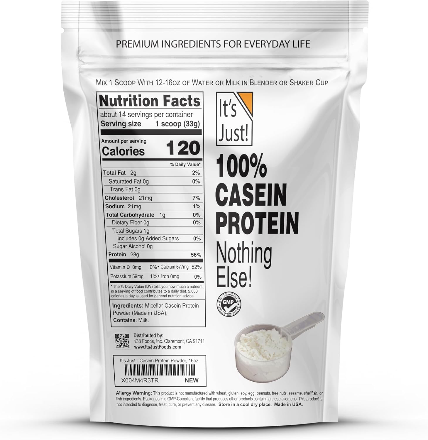 It's Just! - 100% Casein Protein Powder, Made in USA, One Ingredient, Slow Burning, Time Release (1 Pound (Pack of 1), Unflavored)