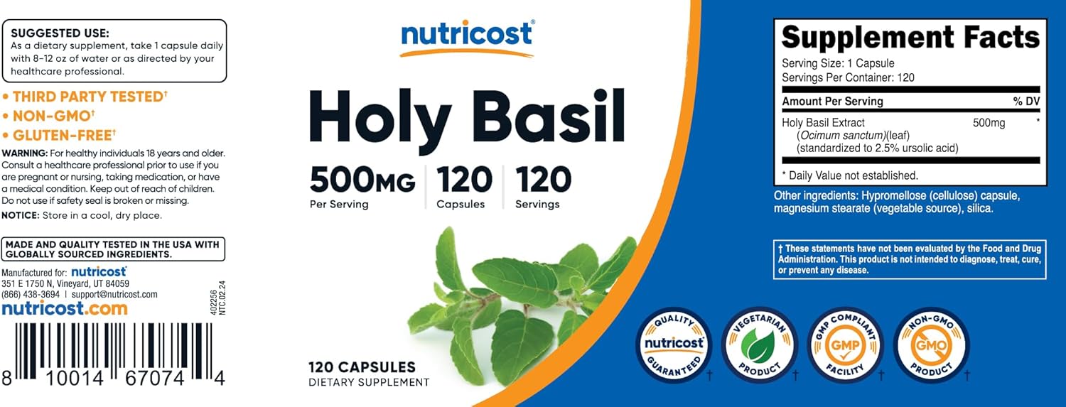 Nutricost Holy Basil Capsules 500mg, 120 Vegetarian Capsules - Gluten Free, Non-GMO
