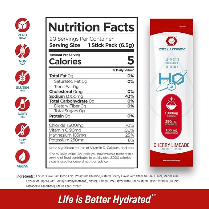 Cellutrex® H2O Electrolytes – Electrolyte Powder Drink Mix, Zero Sugar, Natural Salt Hydration Packets for Recovery and Wellness, Cherry Limeade, 20 Sticks