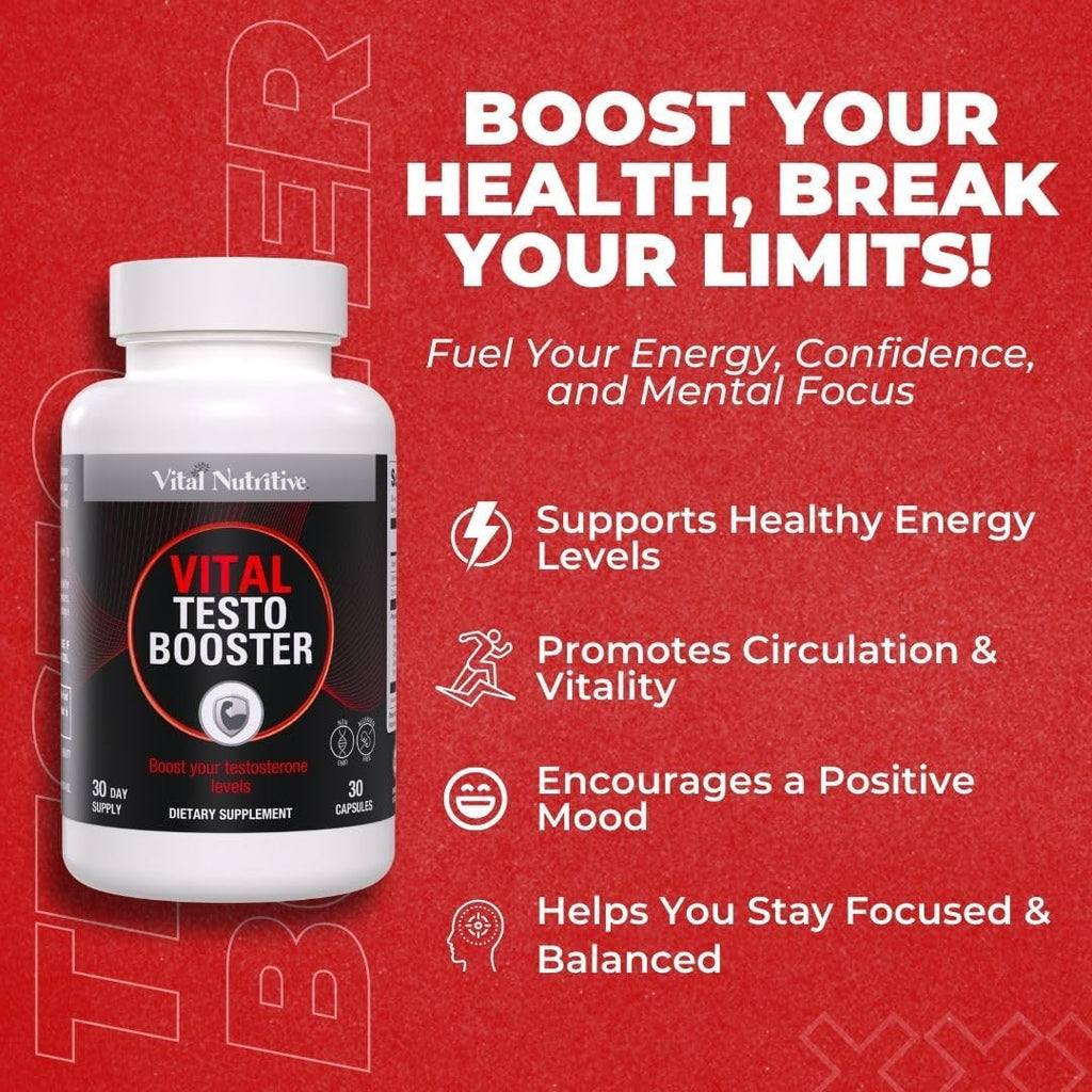 Vital Testo Booster - Natural Testosterone Support Supplement for Men | Promotes Energy, Stamina, and Vitality | Men’s Health | Made in USA | 30 Days Supply