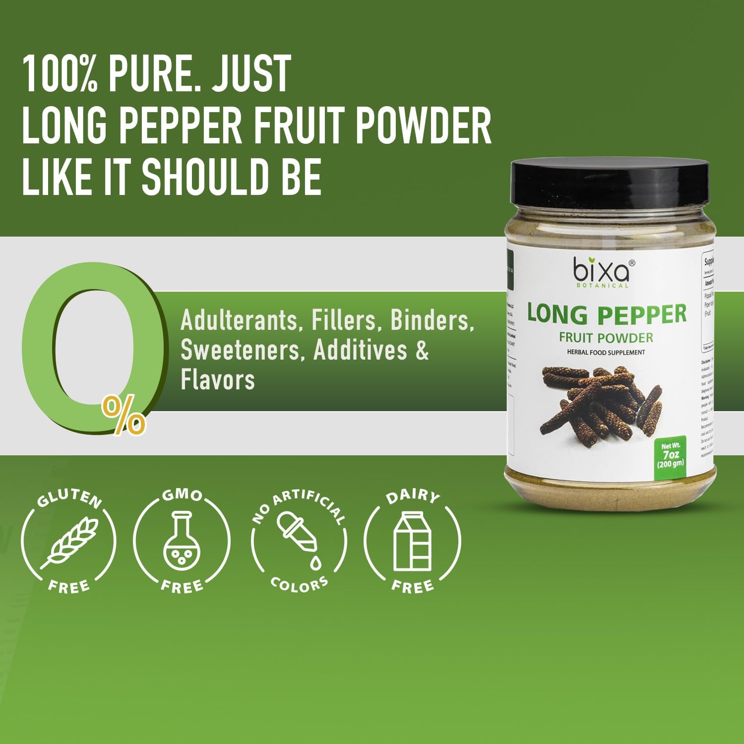 bixa BOTANICAL Long Pepper Powder| Pippali (Piper Longum) | Ayurvedic Supplement & Meat Seasoning | Strong Aroma, Steam Treated, Vegan, Non GMO & 100% Pure |200 GMS /7 Oz