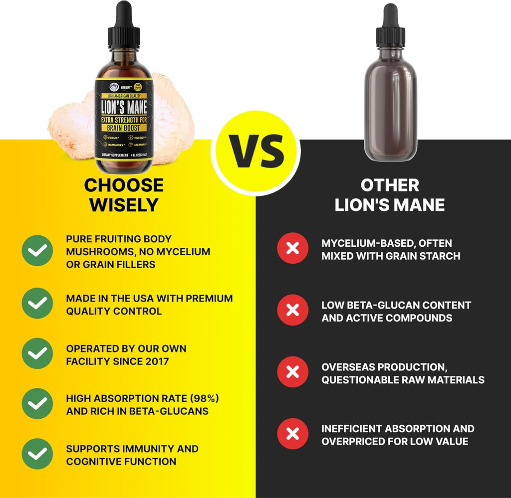 HERBIFY Lions Mane Supplement - Daily Mushroom Supplement for Memory, Focus & Clarity - Brain Booster - Lions Mane Tincture for Immune Support - 4 Fl oz