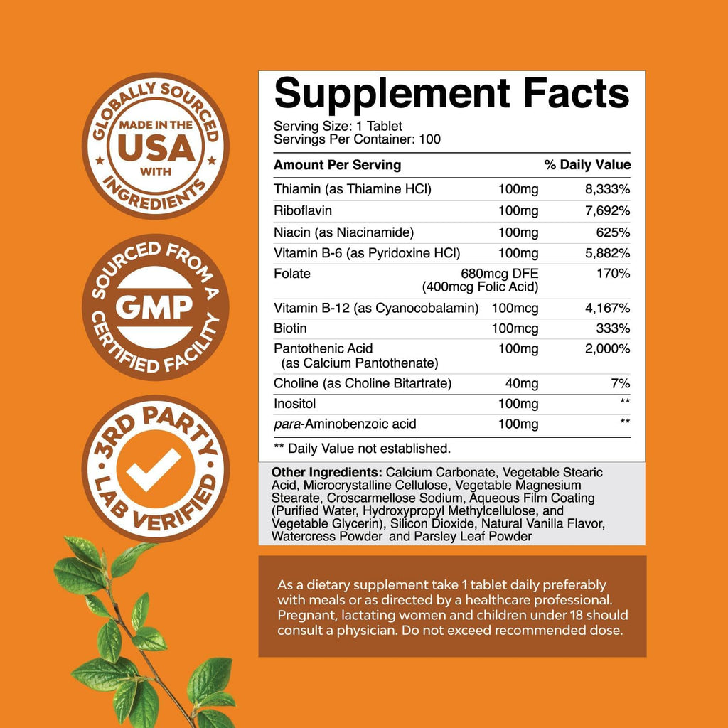 Super Vitamin B Complex for Women & Men - B Vitamins Complex with Thiamin, Riboflavin, Niacin, 6, 12 and Folate - Blend Supplement for Nervous System Support, Energy & High Strength - 100 Tablets