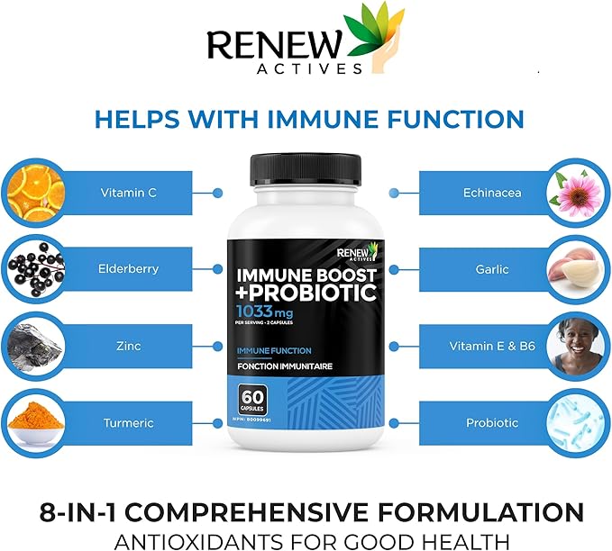 RENEW ACTIVES Antioxidant – Elderberry, Probiotics, Zinc, Vitamin C & Organic Turmeric 700MG per 2 Capsules – For Immune Function, Collagen Formation, & Overall Wellness – Made in Canada - 60 Capsules