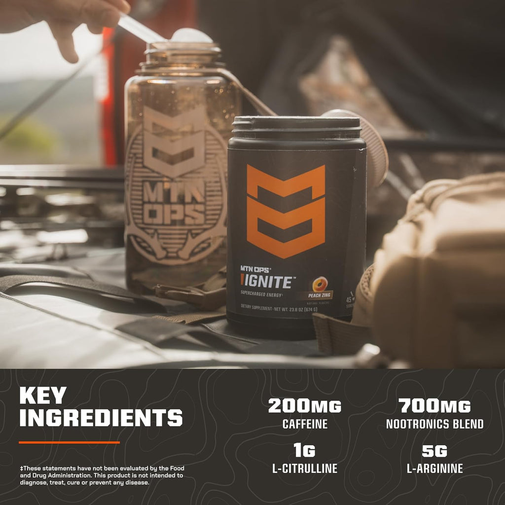 MTN OPS Ignite Trail Packs Energy Drink Powder, Gluten Free Nootropic Supplement Drink Mix, L Arginine, L Citrulline, Caffeine & Nootropic Sugar Free Drink Mix, 20 Servings, Bugle Berry