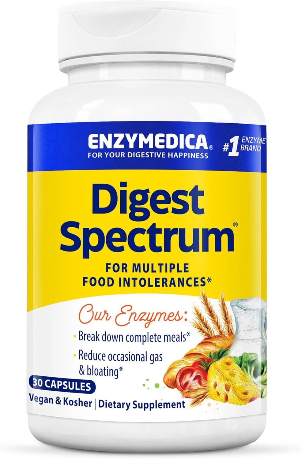 Enzymedica Digest Spectrum, Digestive Enzymes for Multiple Food Intolerances, Offers Fast-Acting Gas & Bloating Relief, 30 Count