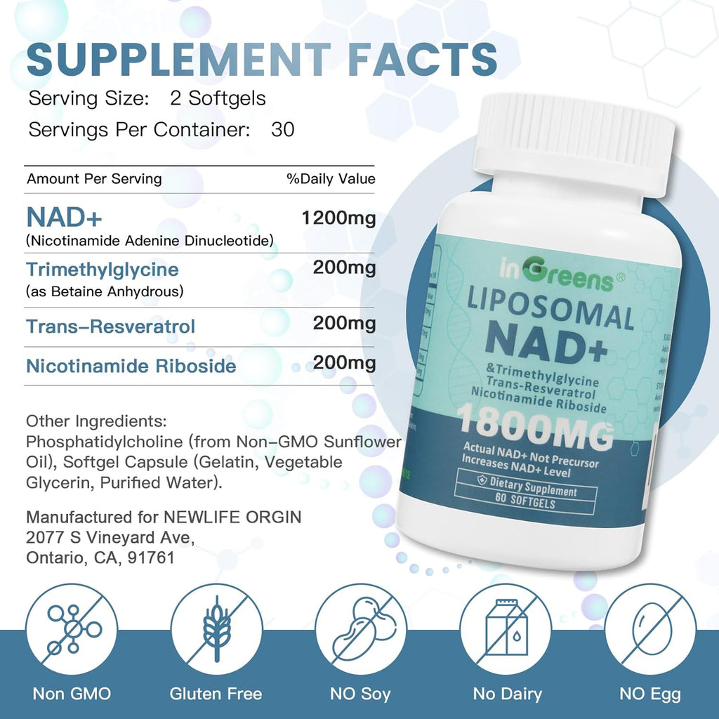 Liposomal NAD+ Supplement 1800 mg with Nicotinamide Riboside, Trans Resveratrol, Trimethylglycine, Replaces NMN, Boost NAD+, Aging Defense, Cellular Energy, 60 Softgels